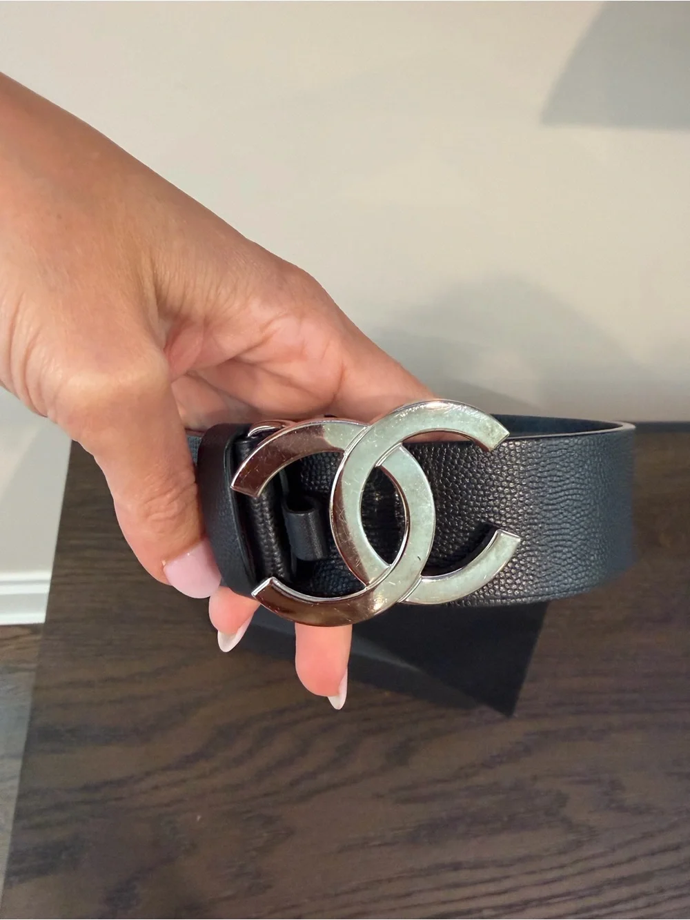 CHANEL Black Leather Belt with Gold Double C Buckle